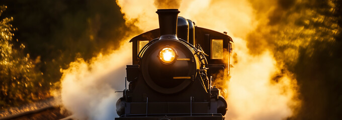 Steam Train Traveling Through Lush Forest in Warm Morning Light