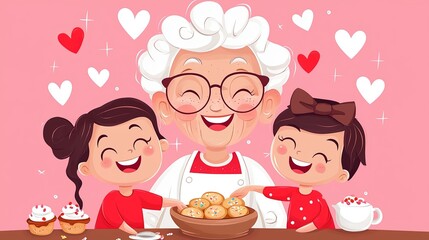 Happy grandmother baking cookies with two granddaughters, cute cartoon family scene with heart decorations, love and togetherness concept