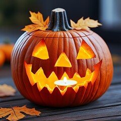 Glowing carved Halloween pumpkin Jack-o'-lantern with candle and autumn leaves on wooden table, spooky festive atmosphere at night