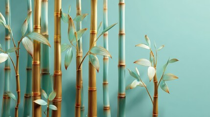 Painting of bamboo trees with gold leaves and a blue background. isolated-3d-background