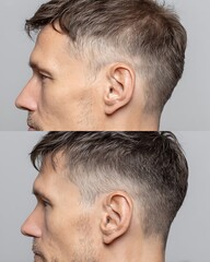 Obraz premium The noticeably thinning sides of the head compared to the dense, non-fake hair.