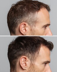 Fototapeta premium The noticeably thinning sides of the head compared to the dense, non-fake hair.