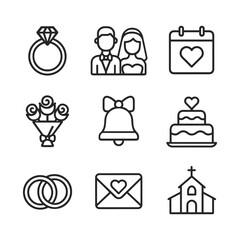 Marriage ceremony and wedding party icons. Outline symbols. Line design