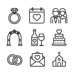 Wedding icons. Outline symbols. Line design
