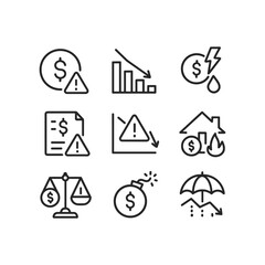 Economic risk and finance security icons. Outline symbols. Line design
