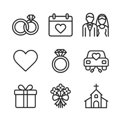 Wedding and celebration icons set. Outline symbols. Line design