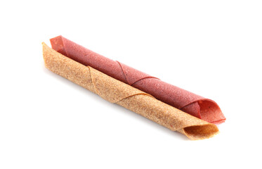 Delicious fruit leather rolls on white background