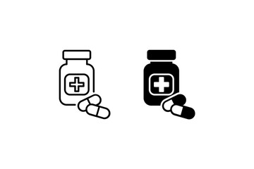Medical Pill Icon Set. A black icon of a medical pill, representing healthcare.