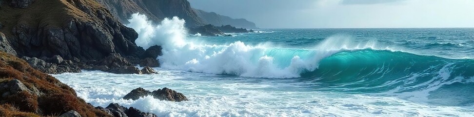Dramatic waves crashing against a rocky shoreline, sea foam and spray creating a mesmerizing spectacle of nature's power The rugged coast is battered by the relentless ocean , dynamic, rocky shore