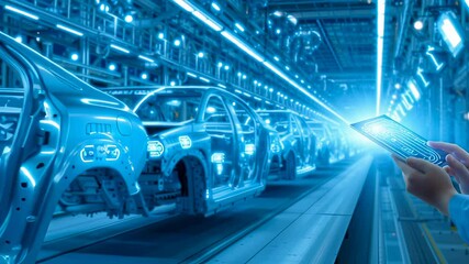 Hand holding digital interface controlling futuristic car assembly line with transparent vehicle frames and blue technological lighting in advanced manufacturing facility. - Powered by Adobe