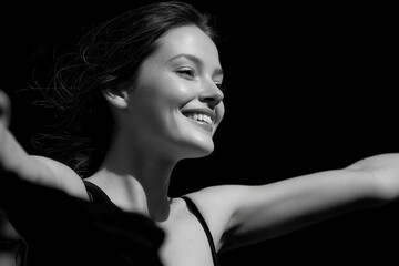 Naklejka premium portrait of circus acrobat expressing joy positioned on left side of frame hands out of shot