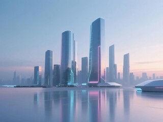 Fototapeta premium Futuristic neon lit cityscape at night with clean background