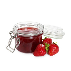 Tasty strawberry jam in jar and fresh berries isolated on white