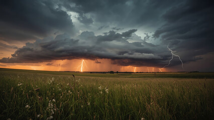 Dramatic storm clouds gather over a green summer meadow as the sun sets on the rural landscape