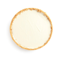 One tasty cheesecake isolated on white, top view
