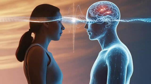 Conceptual artwork showcases human connection through telepathy and brainwaves.