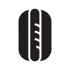 Solid glyph vector icon of a hot dog sandwich for a fast food meal representing a grilled sausage in a bun for a delicious junk food snack