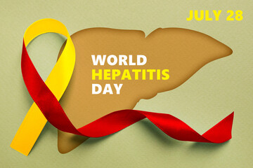 28th july World Hepatitis Day. Yellow-red awareness ribbon and illustration of liver on light green...