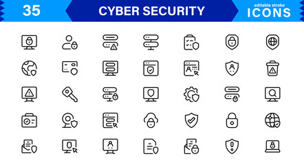 Cyber Security Icon Set Featuring Protection, Shield, Data, Encryption, and Firewall Concepts in a Professional, Clean, and SEO-Optimized Vector Style