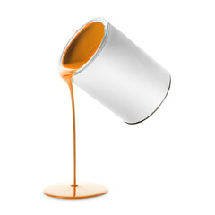 Orange paint pouring out of can on white background