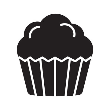Solid glyph vector icon of a sweet muffin or cupcake for a bakery dessert representing a delicious homemade pastry and party snack food
