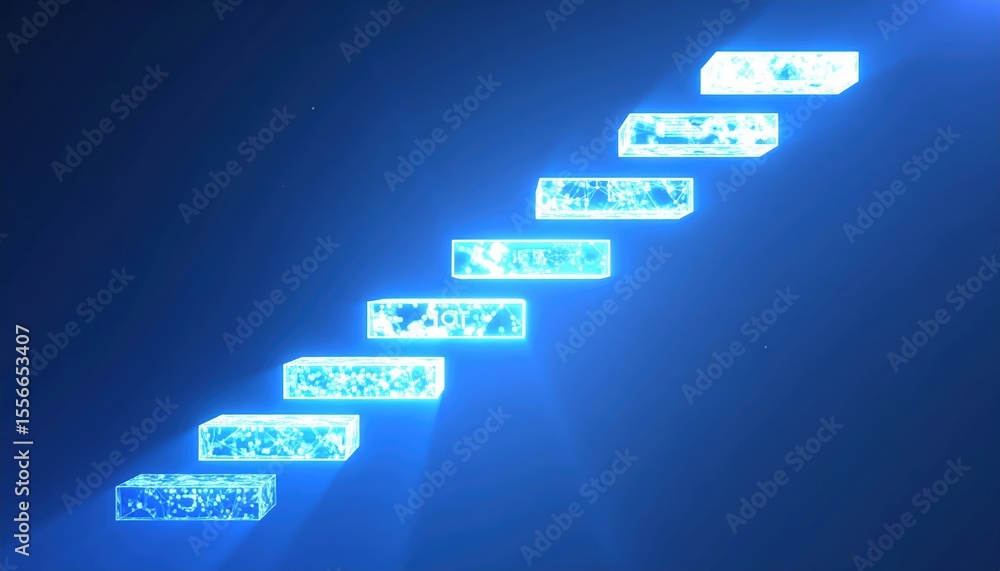 Poster digital blockchain staircase concept representing technology innovation and cryptocurrency progress 