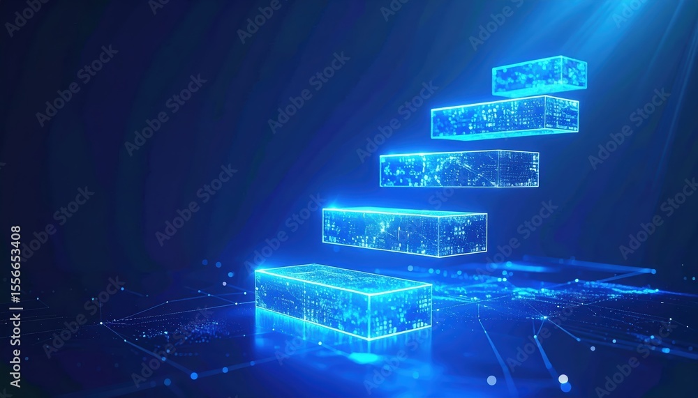 Aufkleber digital futuristic glowing stairs made of illuminated blue blocks ascending in a dark environment wi