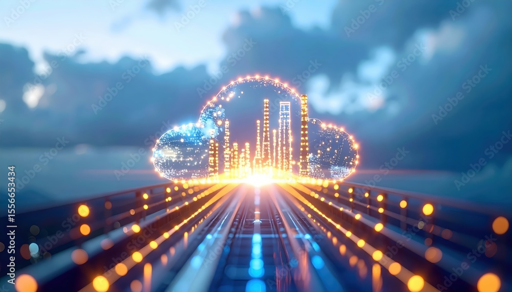 Poster futuristic digital cloud computing concept with illuminated city skyline hologram and glowing data s