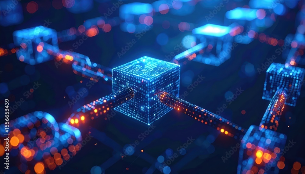 Poster futuristic digital network with glowing interconnected blocks and data points highlighting advanced 