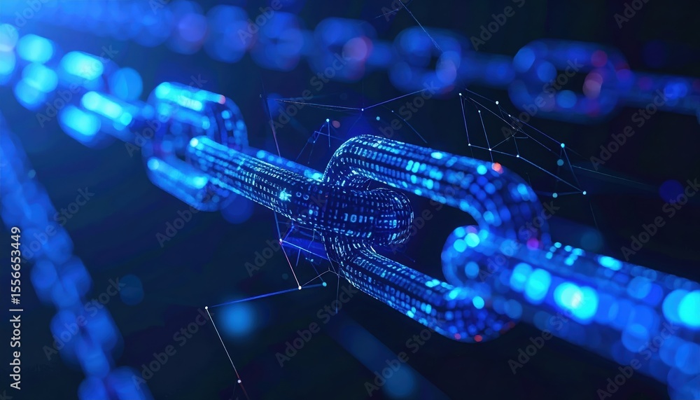 Poster highly detailed digital rende of a futuristic blockchain chain with interconnected glowing links in 