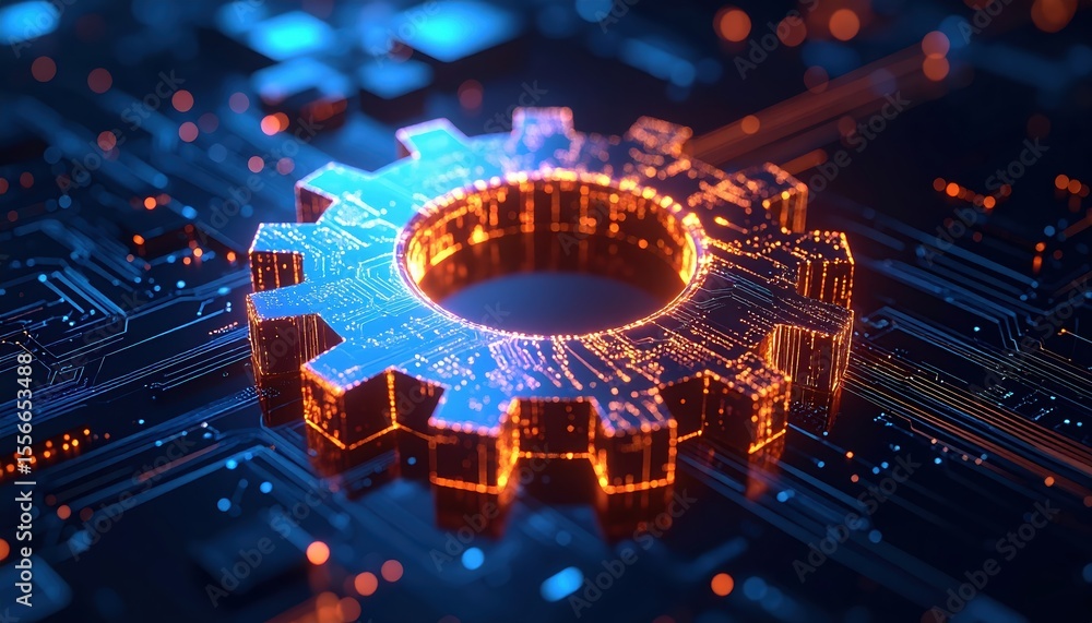 Poster high tech digital gear icon with glowing circuits and futuristic technological background emphasizin