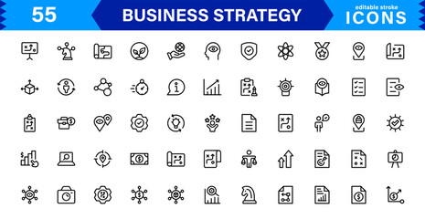 Business Strategy Icon Set Representing Growth, Planning, Success, Analytics, and Leadership in a Clean, Professional, and Market-Ready Vector Style