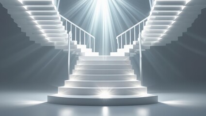 Elegant grand staircase with illuminated steps and radiant light effect creating a majestic and inspi atmosphere in a luxurious interior setting
