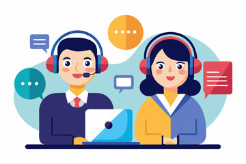 Call center. Help, Support and Contact. Customer Service Icon. Male and female call center working in headphones. Customer service character.