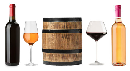 Different types of wine, set. Bottles, glasses and barrel isolated on white
