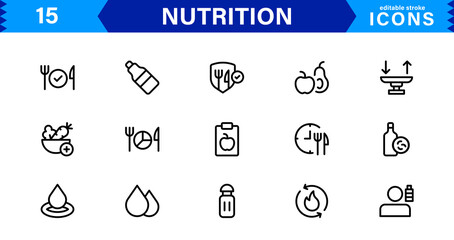 Nutrition Icon Set Featuring Healthy Food, Diet, Vitamins, Wellness, and Fitness in a Clean, Minimalist, and SEO-Optimized Vector Style