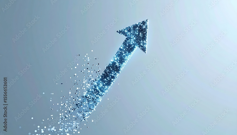 Poster abstract blue arrow made of sparkling particles pointing upward representing growth progress or succ