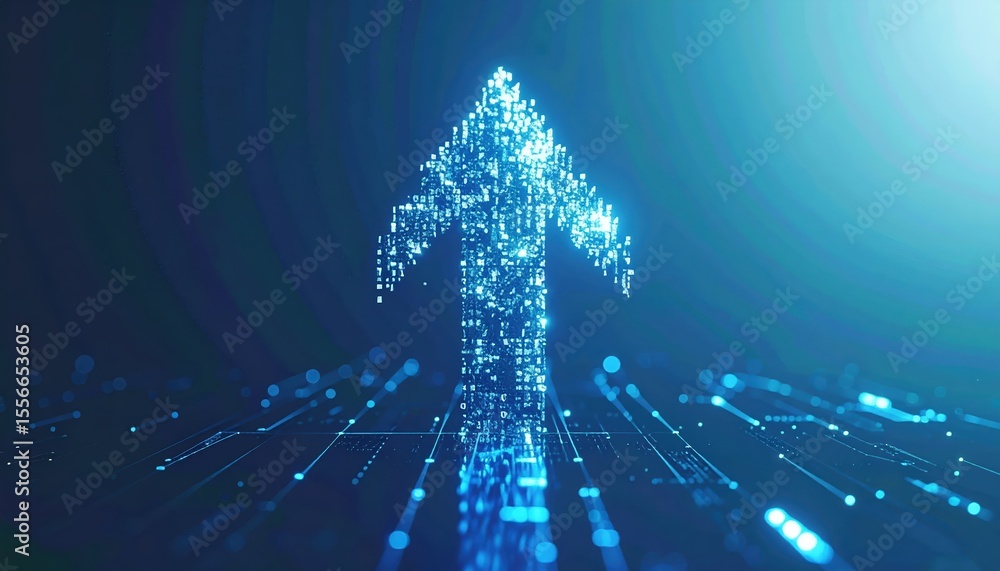 Poster futuristic digital arrow pointing upward composed of glowing blue data points and lines representing