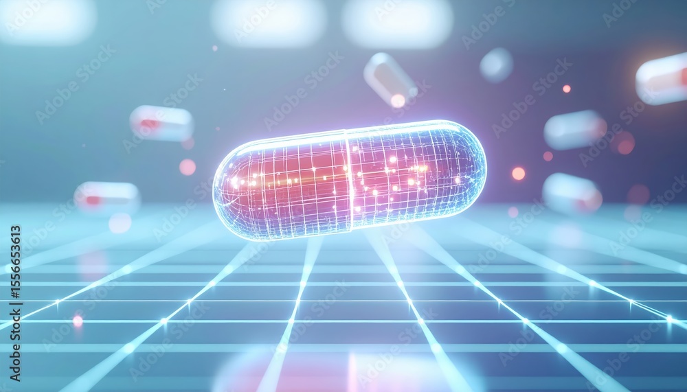 Poster highly detailed digital illustration of a futuristic glowing capsule drug with a transparent and ill
