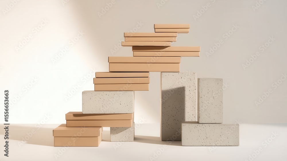 Poster arrangement of rectangular boxes with geometric composition on neutral backdrop