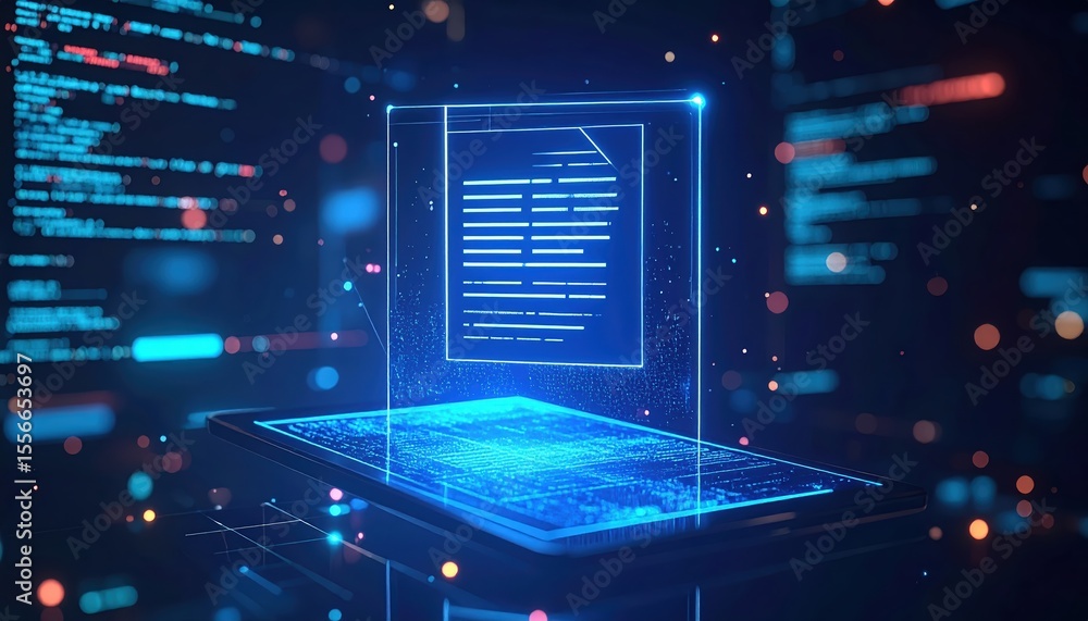 Poster Advanced digital technology concept showing a transparent tablet with digital text and data overlays on a futuristic blue background with glowing elements