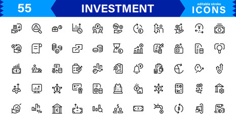 Investment Icon Set Representing Finance, Stocks, Market, Growth, and Risk Management in a Professional, Simple, and Download-Ready Vector Style