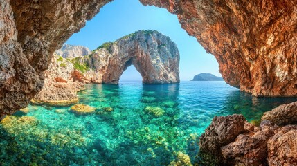 Arch rock frames clear sea view from cave entrance