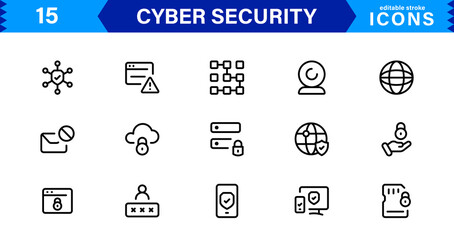 Cyber Security Icon Set Featuring Protection, Shield, Data, Encryption, and Firewall Concepts in a Professional, Clean, and SEO-Optimized Vector Style
