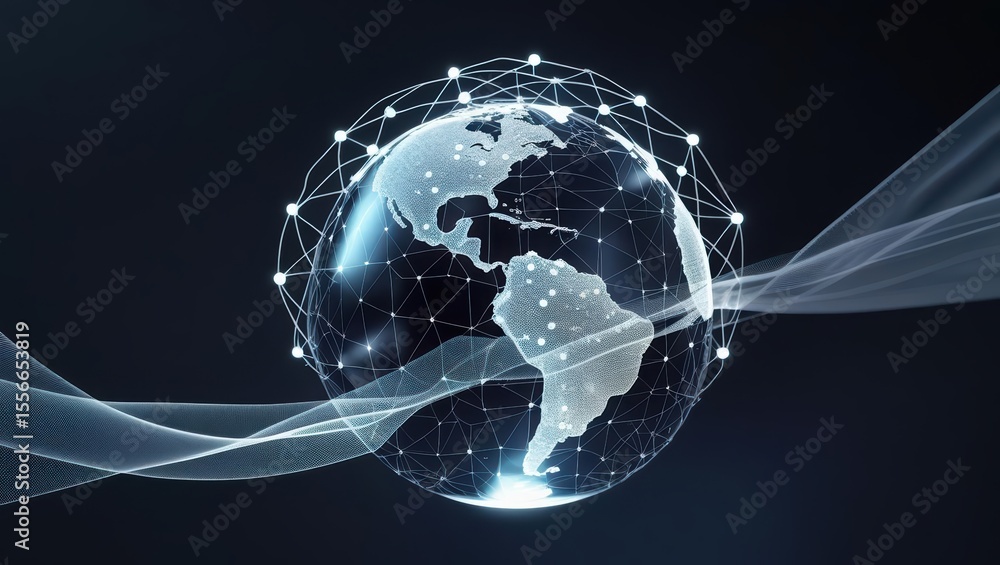 Poster highly detailed digital globe with interconnected network nodes illustrating global connectivity, te