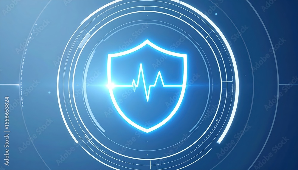 Poster digital heartbeat shield icon with glowing safe security screen representation for cybersecurity and