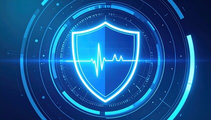Digital shield with glowing protective emblem showcasing cybersecurity and data protection concept in a futuristic technological background