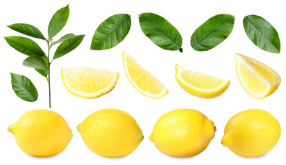 Fresh lemons and green leaves on white background, collage. Citrus fruit