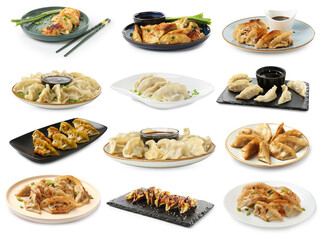 Tasty gyoza (dumplings) on white background, collage
