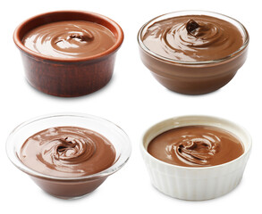 Sweet chocolate butter in bowls isolated on white, set